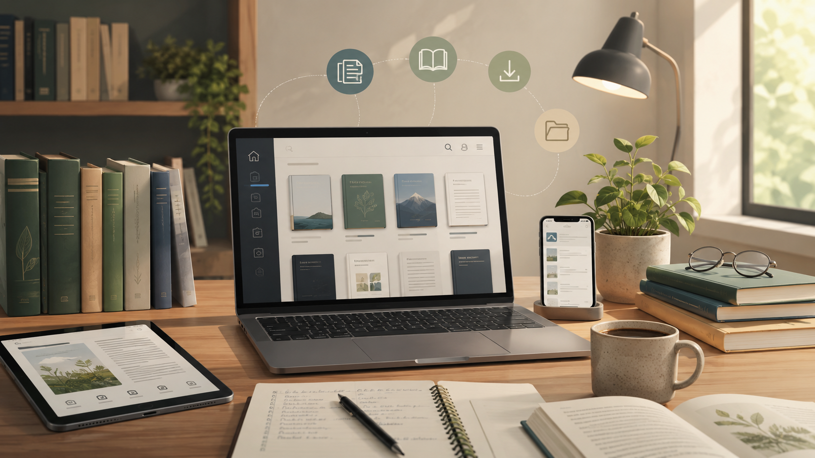 A warm digital library workspace with books, a laptop, tablet, and phone.